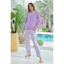 Remsa Kadın Desenli Önü Düğmeli Yumuşak Milan Kumaş Pijama Takımı 250378 Lila01 Lila01