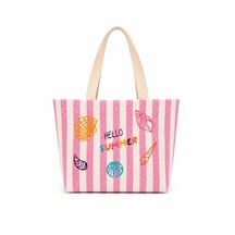 İcone Bag Çocuk Plaj Çantası, Nakışlı Çizgili Kız Plaj Çantası, Kids Beach Bag, Lila Çizgili Çocuk Plaj Çantası Pembe