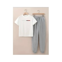 Medinenur Paris Baskılı T-shirt Eşofman Altı Jogger Rahat Kalıp Siyah Eşofman Takım Beyaz