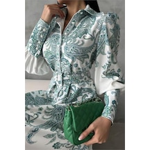 Dipmoda Kadın Kemerli Uzun Desenli Gömlek Elbise Dpms4220 Yeşil