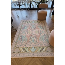 Âfitap 702 Pembe Yeşil Vintage Etnik Yıkanabilir İnce Halı Mutfak Ev Oda Salon Oturma Odası Halısı