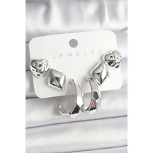 Gümüş Renk Kalp Halka Figür Ccb Plastik Kadın Küpe Seti Çok Renkli