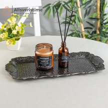 Osmanlı Motifli Küçük Metal Servis Tepsisi Dekoratif Sunum Tepsisi, 36 X 18 Cm, 306 G Antik Siyah