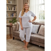 Büyük Beden Kısa Kol Kapri Pamuklu Likralı Pijama Takımı 8642 Turkuaz
