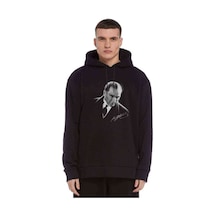 Atatürk Portre Baskılı Siyah Erkek Örme Kapşonlu Sweatshirt