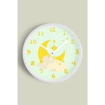Soyut Ay Tasarımı Çocuk Odası Duvar Saati - 30cm - Önü Camlı Beyaz Kasa - Sessiz Mekanizma Beyaz