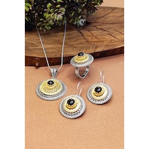 Kadın Telkari Oniks Taşlı Gümüş Set Kolye Küpe Yüzük 925 Ayar Aks-2003