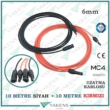 Güneş Paneli Uzatma Kablosu 10m+10m 6mm Çift Taraflı Mc4 Soketli Solar Ara Kablo Siyah Kırmızı