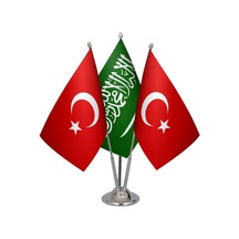 Masa Üstü Suudi Arabistan Bayrağı Türk Bayrağı Üçlü Krom Direk Ma