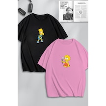 Unisex Kadın Erkek The Simpsons Baskılı Sevgili Çift Kombini Tasarım Oversize Tshirt 2li Pembe Siyah Mck0450 Çok Renkli