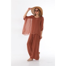 Bohem Stil İtalyan Yarasa Kol İpek Bluz & Pantolon Takım-8767 Tarçın