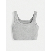 Liona U Yaka Askılı Gri Renk Fitilli Crop Top Büstiyer Gri