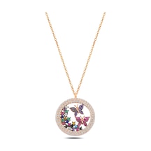 Çekirdekjewelry 925 Ayar Gümüş Sarı Altın Kaplama Renkli Taşlı Kelebekli Yuvarlak Kolye Zirkon Taşlı Şık Tasarım Pembe