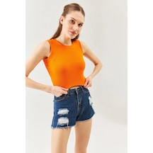 Butikgiz Kadın Sıfır Kol Bisiklet Yaka Vücuda Oturan %100 Pamuklu Kaşkorse Esnek Crop Bluz Turuncu
