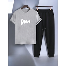 Uyguntarz Unisex W Yazı Tasarım Basklı Tshirt Eşofman Takımı Gri