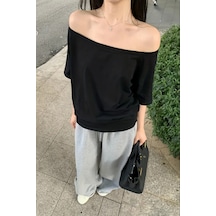 Cool Tarz Siyah Kadın Düşük Omuz Kayık Yaka Oversize T-shirt Siyah Siyah