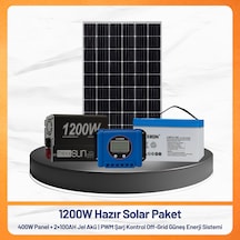 1200w Hazır Solar Paket 400w Panel + 2x100ah Jel Akü + Pwm Şarj Kontrollü Off-grid Güneş Enerji Sistemi