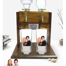 Kişiye Özel Sevgililer Tasarımlı İkili Rakı Bardağı Ve Çift Musluklu Doğal Ahşap Rakı Standı-88