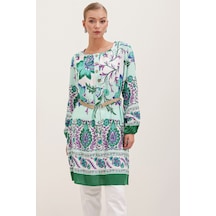 5902 Kemerli Desenli Elbise - Yeşil 001