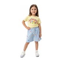 Toontoy Kids Toontoy Kız Çocuk 2'li Şortlu Takım Bisiklet Yaka Kısa Kollu Baskılı Tişört Beli Bağlamalı Baskılı Şort 25034 Açık Sarı