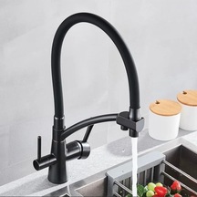 İsaoğlu Yapı Siyah Arıtmalı Spiralli Batarya Uzayan Sistem Mutfak Musluğu Arıtıcılı Batarya Mat Siyah Renk Siyah