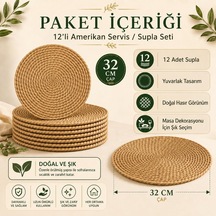 Hasır Supla12'li Set - 32 Cm Yuvarlak Amerikan Servis - Doğal Hasır Görünümlü El Örgüsü Supla Takımı - Runne Diğer
