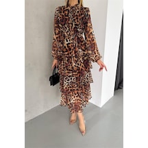 Neşeli Butik Kadın Eteği Kat Kat Leopar Desenli Şifon Elbise Nbkklf2036 Kahverengi