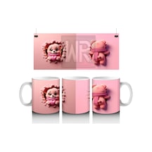 Pembe Çiçekli Çatlakta Sevimli Ayıcık Ve Arka Yüzü Baskılı Kahve Kupası Renkli
