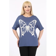 Kelebek Baskılı Taşlı Büyük Beden Kadın Tshirt 37B-2096 Çok Renkli