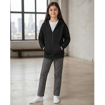 Unisex Çocuk Siyah Kapüşonlu Fermuarlı Cepli 3 İp Kalın Kışlık