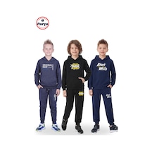 Panios Kids 3'lü Kanguru Cepli Kapüşonlu Baskı Detaylı 6 Parça Erkek Çocuk Eşofman Takımı Füme - Lacivert