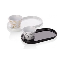 Tilbe Home Oval Sunum Tabağı Konik Sosluk Desenli Sunumluk Sosluk 2'li Set Siyah Beyaz