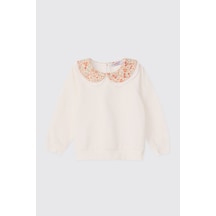Panço Kız Bebek Yakalı Desenli Ekru Sweatshirt Krem