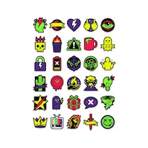 30 Adet Neon Grunge Mizahi İkon Sticker Seti - Laptop Defter Valiz İçin Çok Renkli