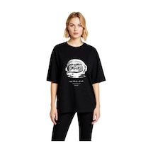 Paybuy Kadın Oversize Astronot Kedi Baskılı Kısa Kollu Tişört Mizahi Uza Siyah