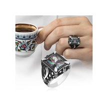 Zülfikar Desenli Kare Mistik Topaz Taşlı 925 Gümüş Erkek Yüzük