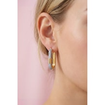 Kararmaz Gold Çelik Zirkon Taşlı Kalın U Halka Küpe - Işıltılı Modern Stil Altın