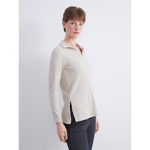 Lcw Comfort Bej Polo Yaka Kadın Fitilli Tişört