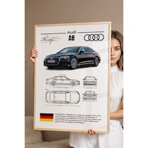 Audi A8 Tablo - Teknik Özellikli Alman Lüks Sedan Poster - Çerçeveli Duvar Dekoru - Araba Blueprint Kayın