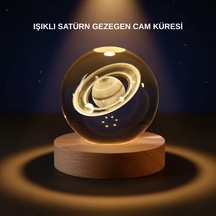 Satürn Desenli Kristal Küre Led Gece Lambası Ahşap Standlı Renkli