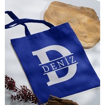 Bk Gift Kişiye Özel Harfli Saks Mavi Kumaş Bez Çanta-1, Baskılı Omuz Çantası, Alışveriş Çantası