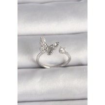 Pirinç Gümüş Renk Zirkon Taşlı Kelebek Model İnci Detay Ayarlanabilir Yüzük - Tj-byk3534