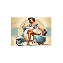Mavi Vespa Ve Kadın Hediyelik Ahşap Tablo
