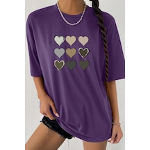 Unisex Kalp Baskılı T-shirt Mor