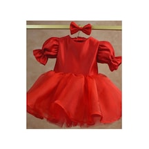 Kız Çocuk Kırmızı Janjan Parıltılı Etekli Prenses Kol Detaylı Kabarık Elbise