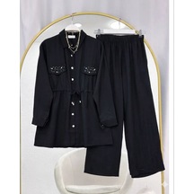Lovie Moda Kapak Taşlı Jakar Pantolonlu İkili Takım Siyah