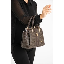 Just Polo Lüks Tasarım Lüks El & Omuz Çantası Gold Detaylı Özel Tasarım Çanta Ve Uyumlu Cüzdan 22x28 Cm Kahverengi