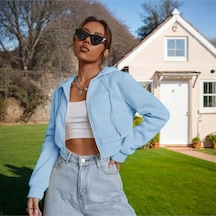 Kadın Kapüşonlu Fermuarlı Crop Hırka Sweatshirt -üç İplik Şardonlu
