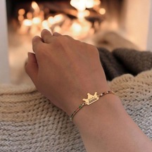 Yıldız İsmine Özel Taç Motifli 14 Ayar Altın Plakalı Renkli Taş Desenli Hediye Bileklik-489isim Yıldız