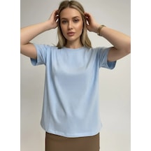Park Karon 26047 Pamuk Kadın Bisiklet Yaka Taş İşleme Oversize Penye Bluz Bebe Mavi